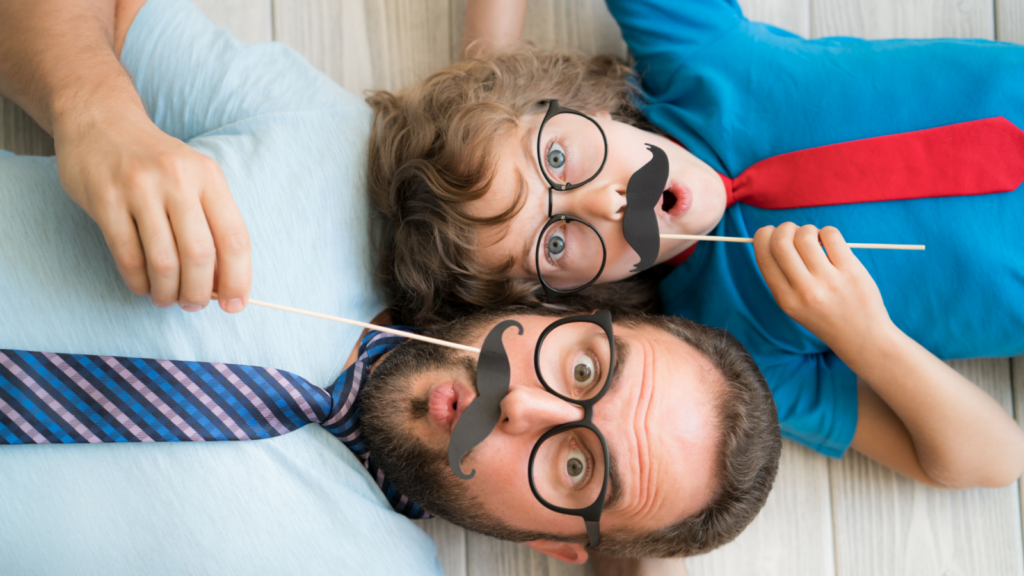 funny play time shocking dad and son kid mustache glasses