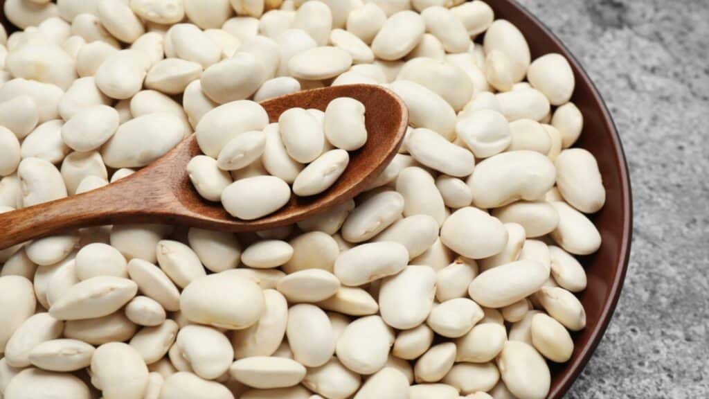 Raw white beans and spoon in bowl on grey table, top view